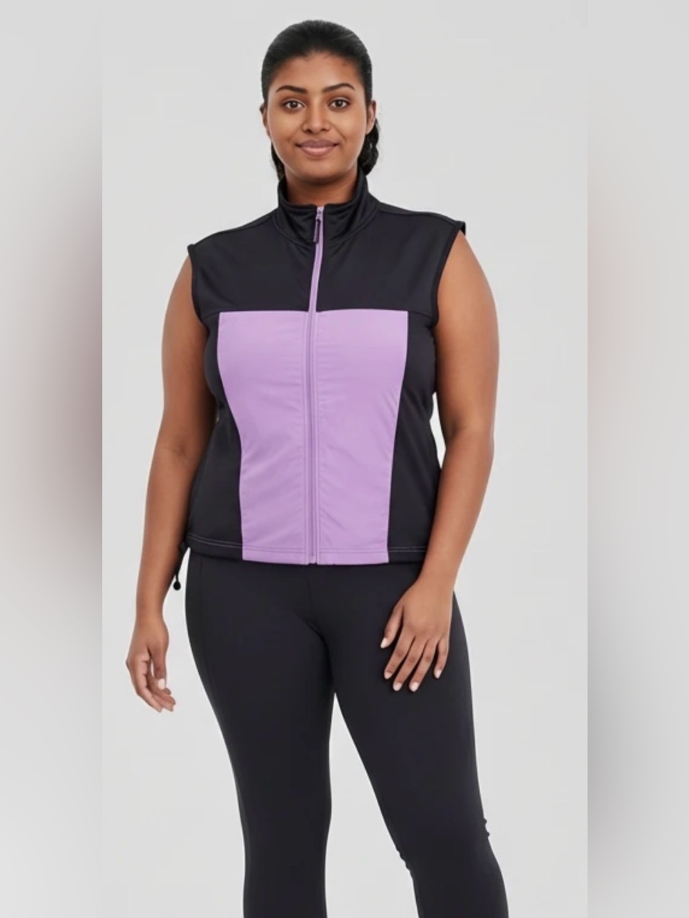 Curves Sleeveless Zip Front Active Vest in Black and Lavender 1X / 1T